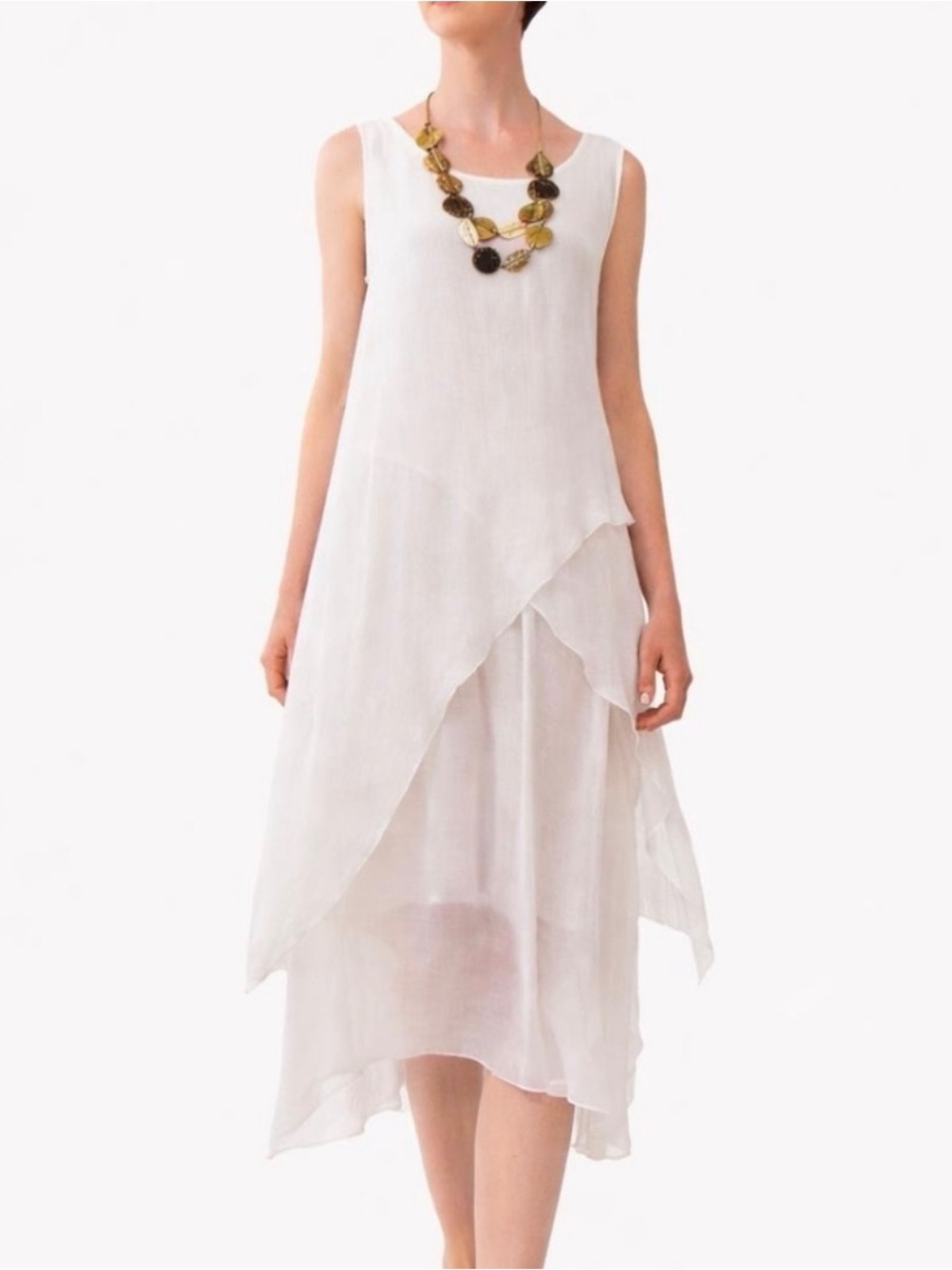 Sleeveless Asymmetrical White Layered Midi Dress / Top Coastal Beach Minimalist